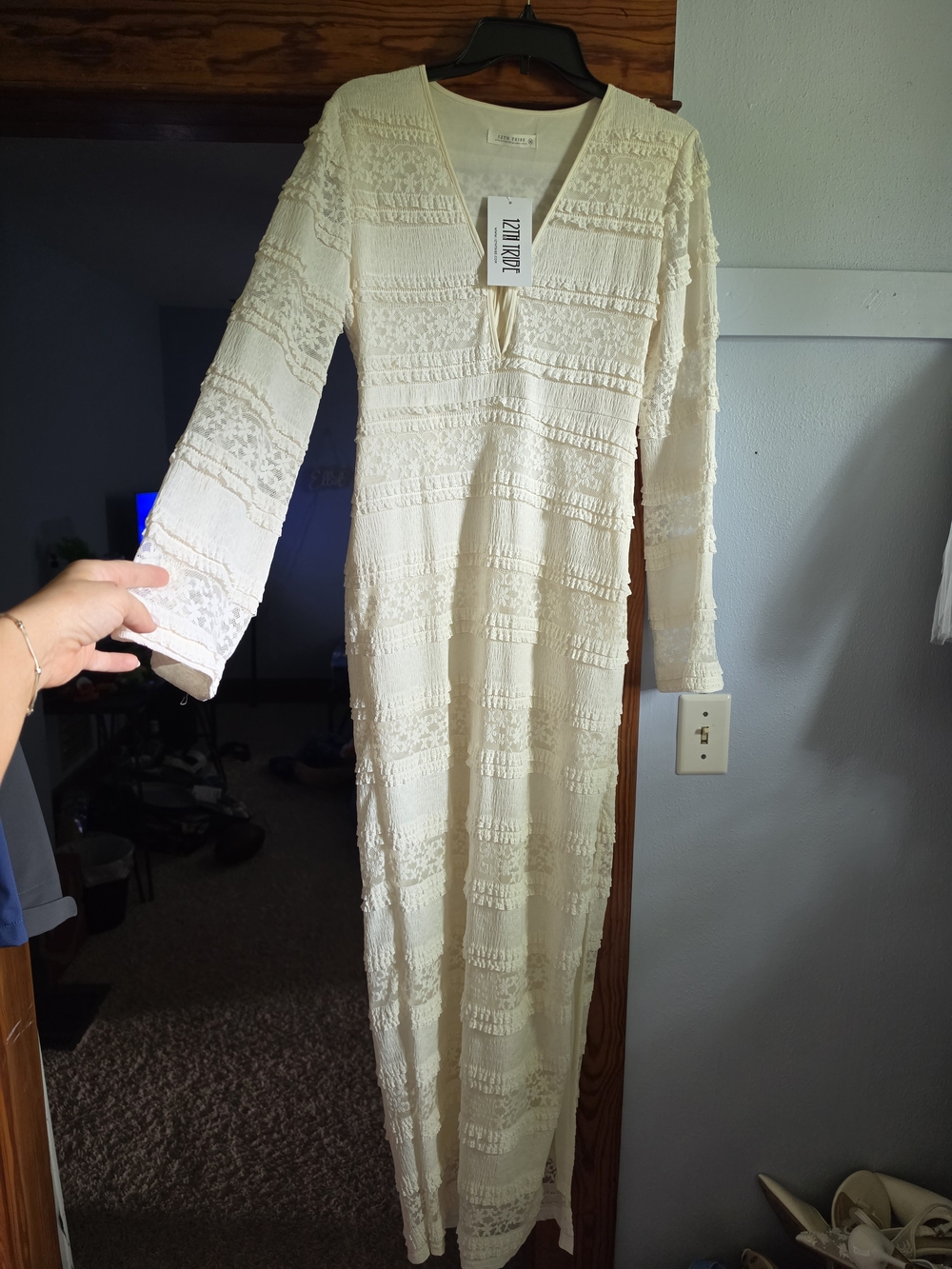 12th Tribe Cream Midi Dress with Textured Lace Panels - Picture 1 of 3
